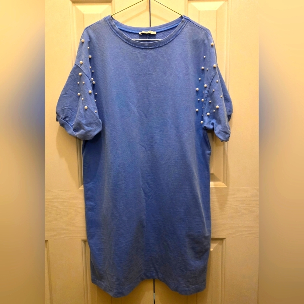 Zara Tarafaluc Cotton Dress with Sleeved Pearl Accents- Size Small- EUC 💙